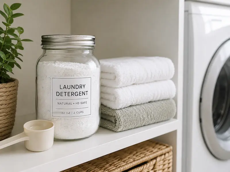 Labeled mason jar of natural laundry detergent powder stored on a shelf