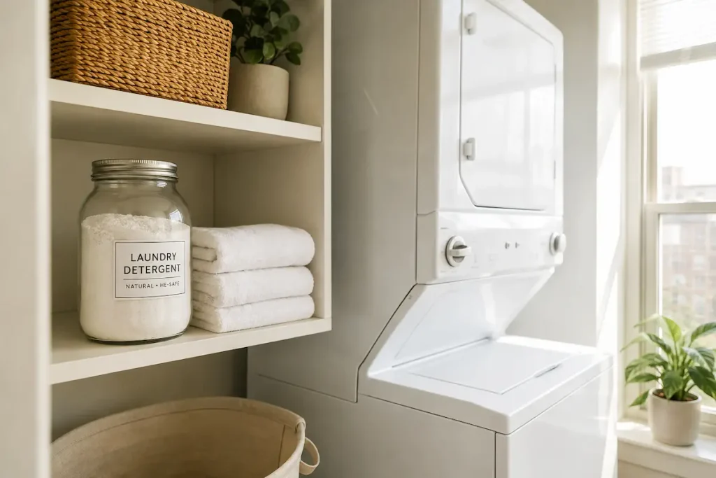 Jar of homemade natural laundry detergent powder on a shelf in a small apartment laundry space