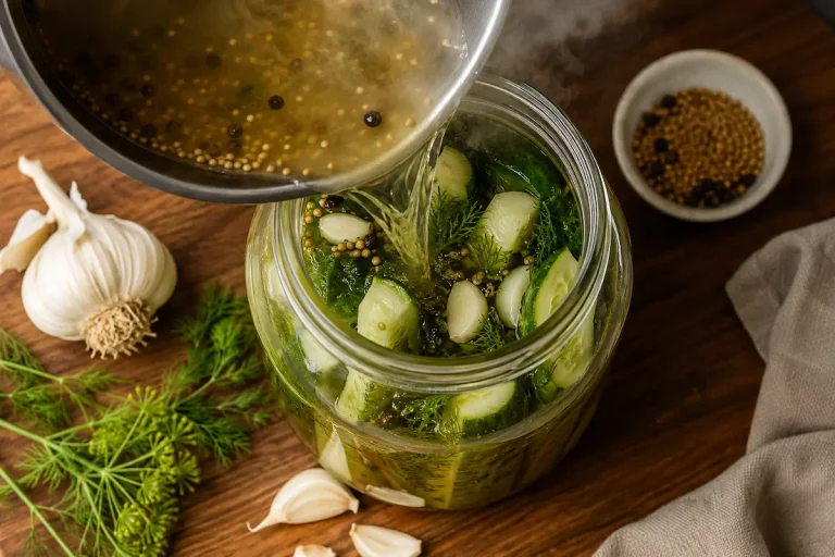 Pouring hot pickle brine over cucumber spears, dill, and garlic in a glass jar
