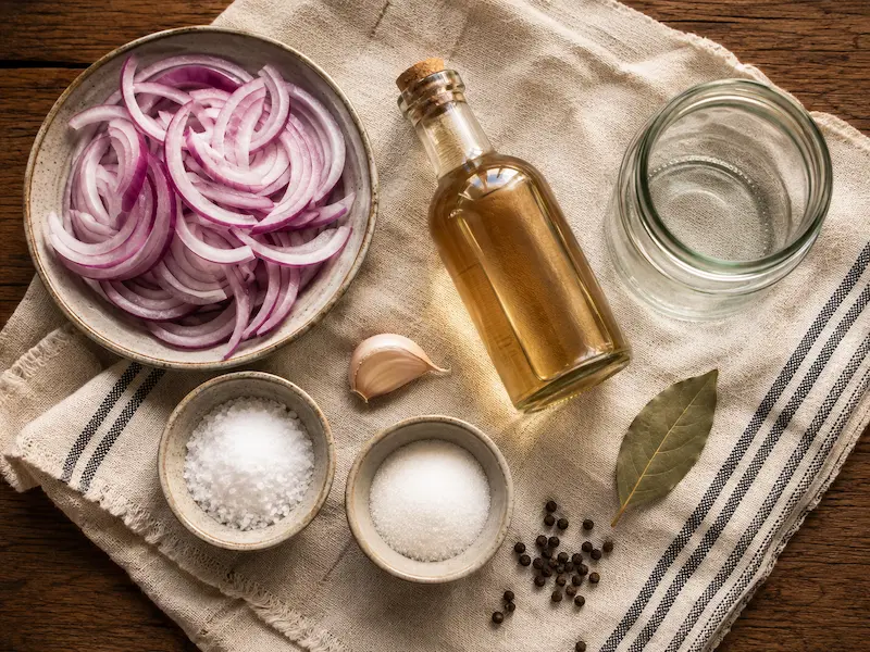 pickled red onion ingredients flat lay