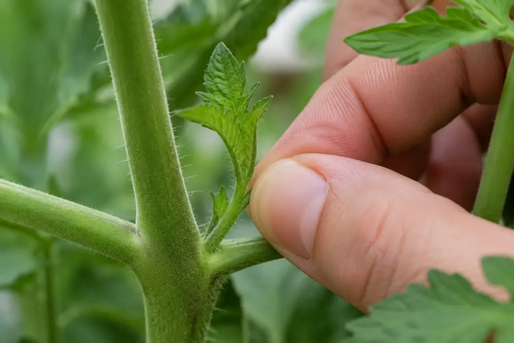 Pinching a sucker shoot off a container tomato plant to redirect energy into fruit production
