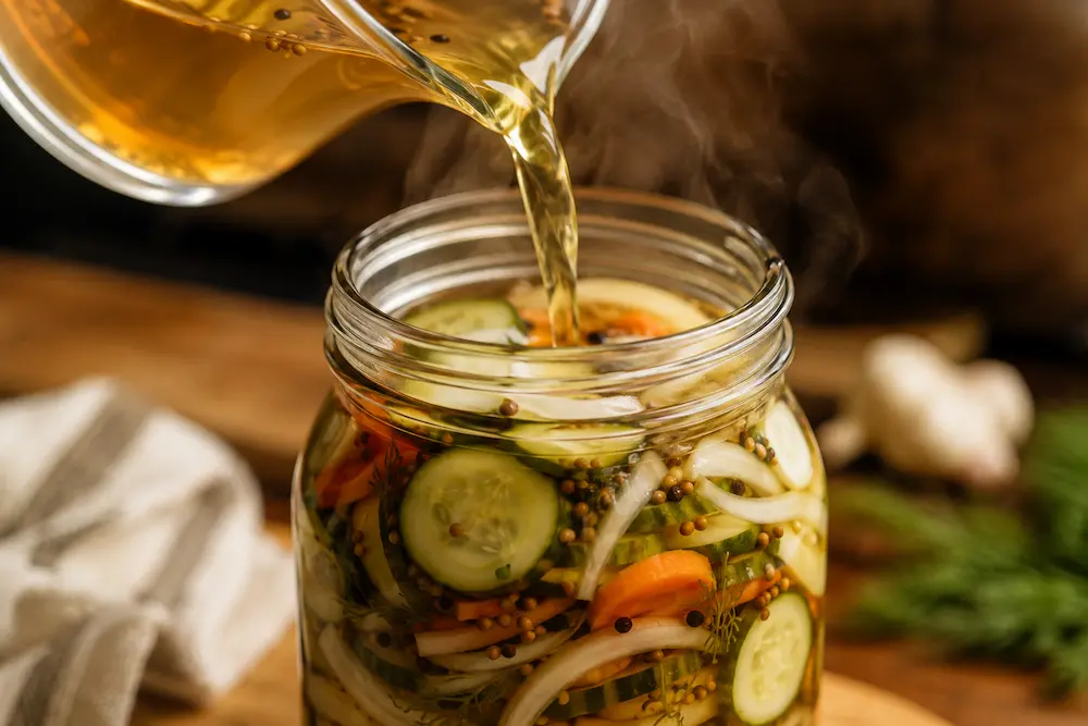 Pouring hot brine into a jar of packed vegetables to make refrigerator pickles