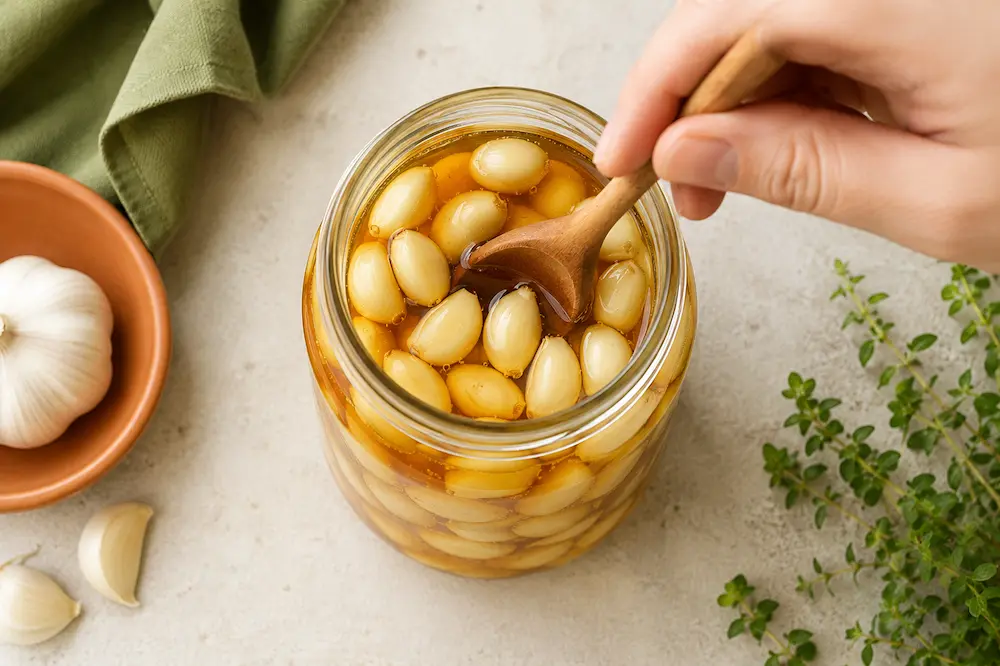 Hand pressing garlic cloves back under honey using a wooden spoon during daily burping