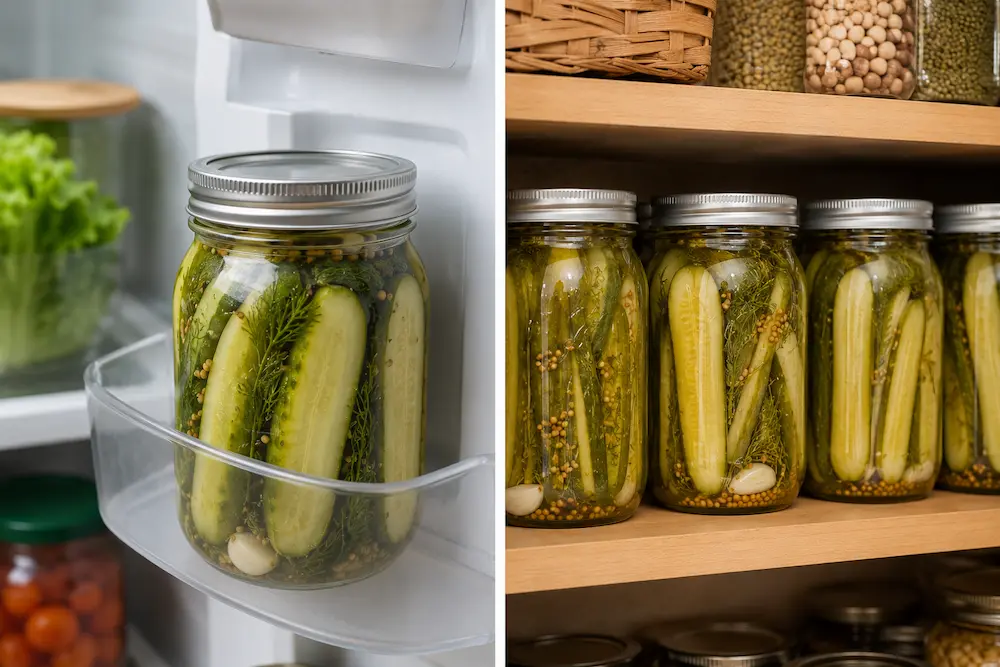 Comparison of refrigerator pickles stored in the fridge versus shelf-stable canned pickles stored in a pantry