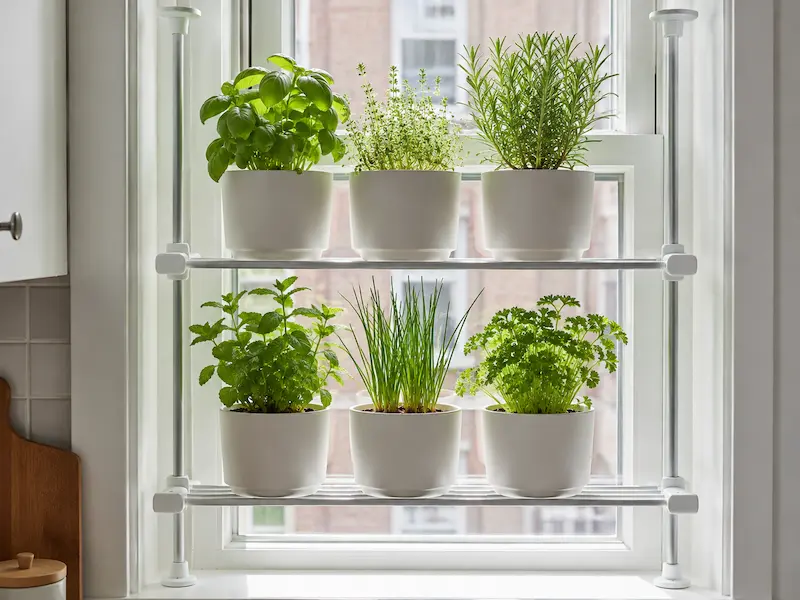 Tension rod herb shelf installed in a window frame with no drilling required