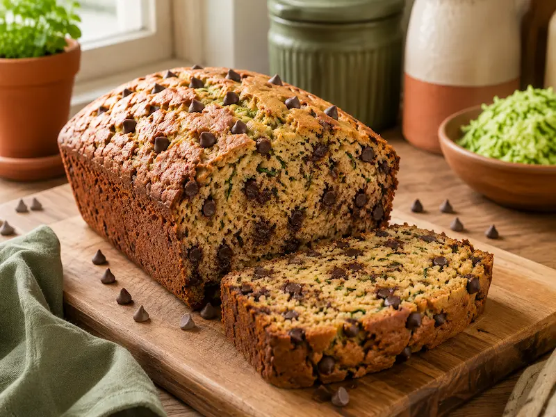 sliced chocolate chip zucchini bread showing moist crumb