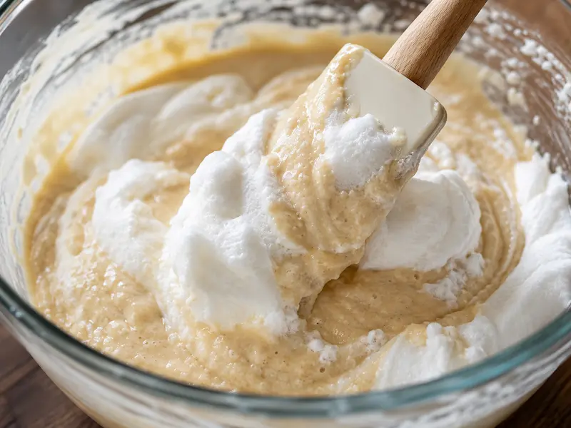 Close up of whipped egg white being folded into sourdough waffle batter with visible streaks not yet fully combined