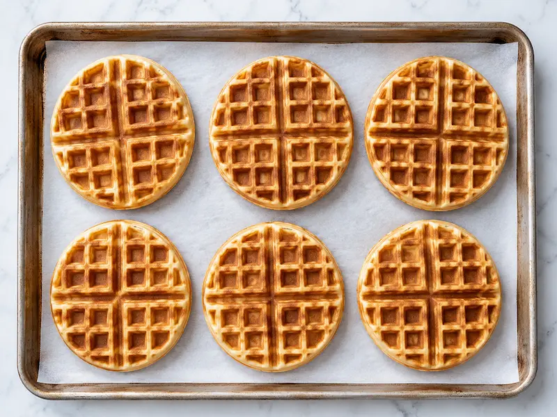 Cooled sourdough waffles laid out in a single layer on a tray ready to flash freeze