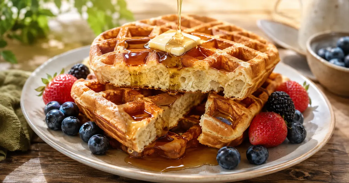 Stack of golden sourdough waffles with melted butter and maple syrup being poured over the top with fresh berries