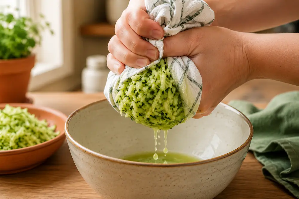 squeezing water from grated zucchini in towel
