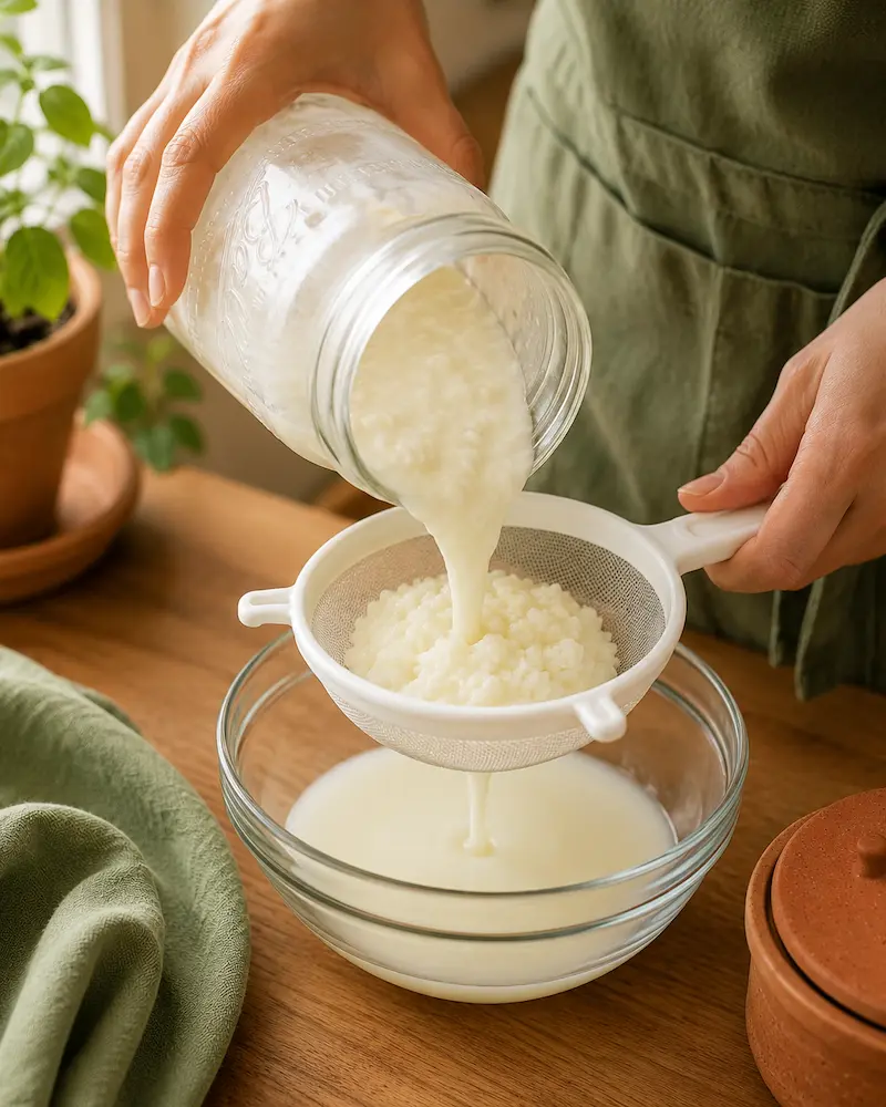 Pouring milk kefir through a strainer to separate the grains