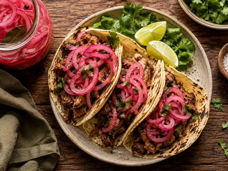 tacos topped with pickled red onions