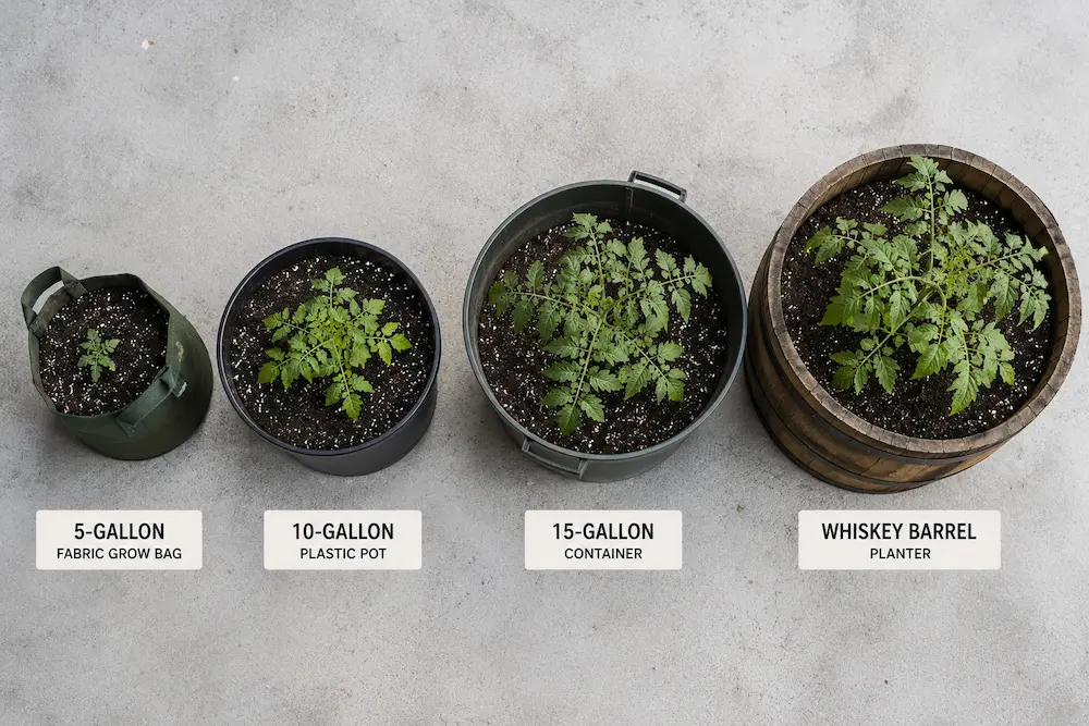 Comparison of container sizes for growing tomatoes, from 5-gallon grow bags to whiskey barrel planters