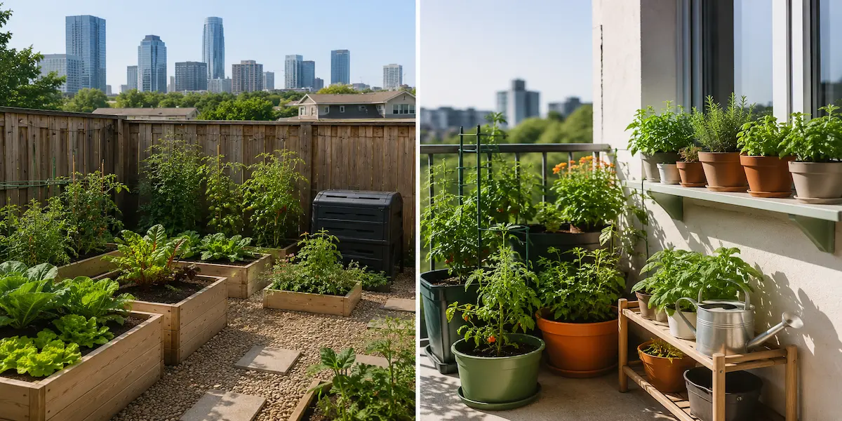 Side-by-side comparison of an urban backyard garden and an apartment balcony container garden
