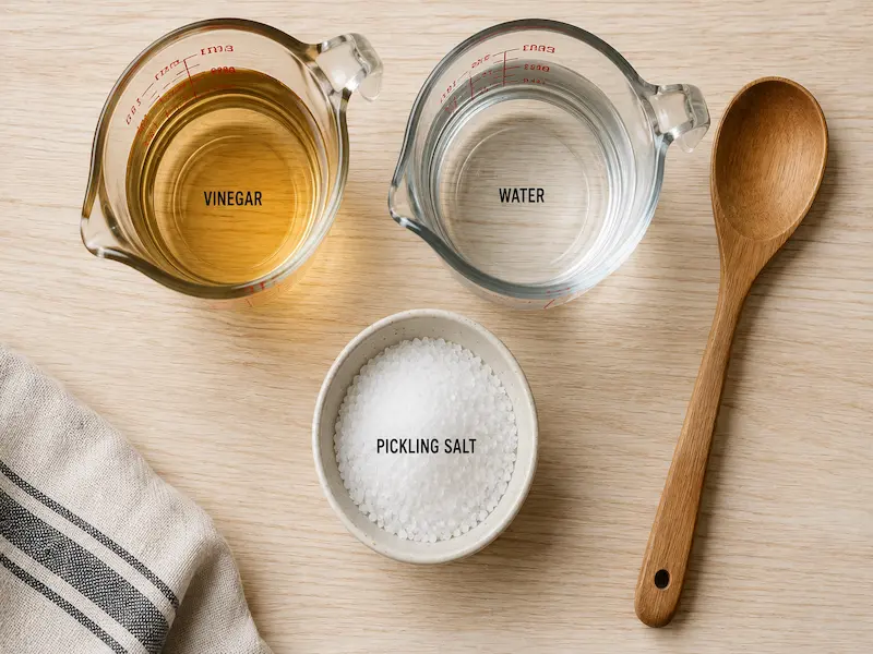 Measured vinegar, water, and pickling salt for a 1:1 refrigerator pickle brine