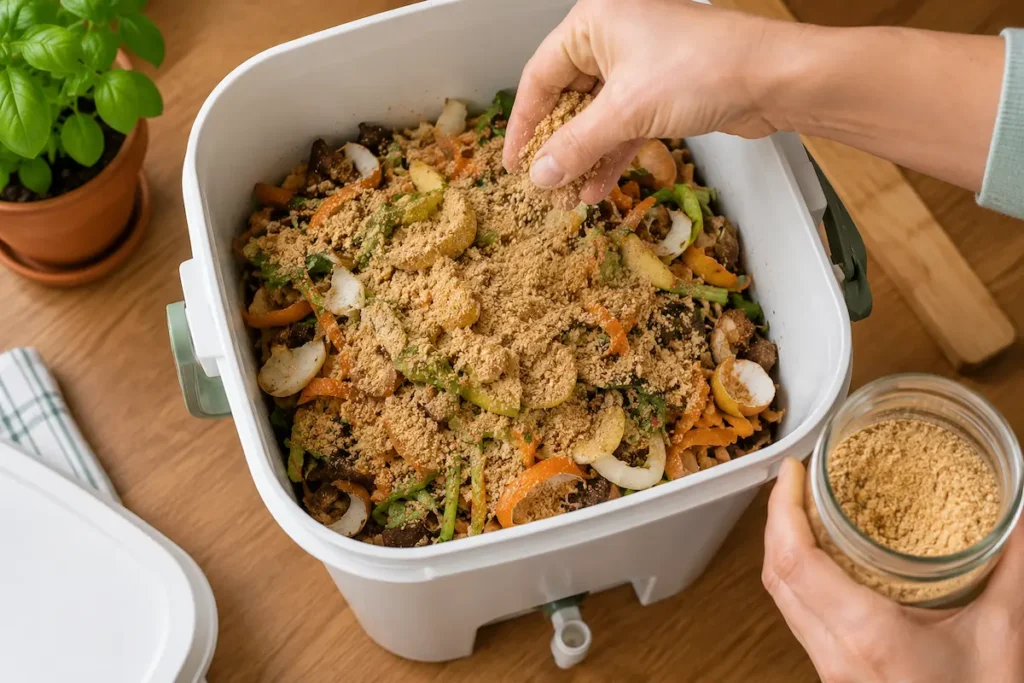 Hands sprinkling bokashi bran over kitchen scraps in a bokashi bucket
