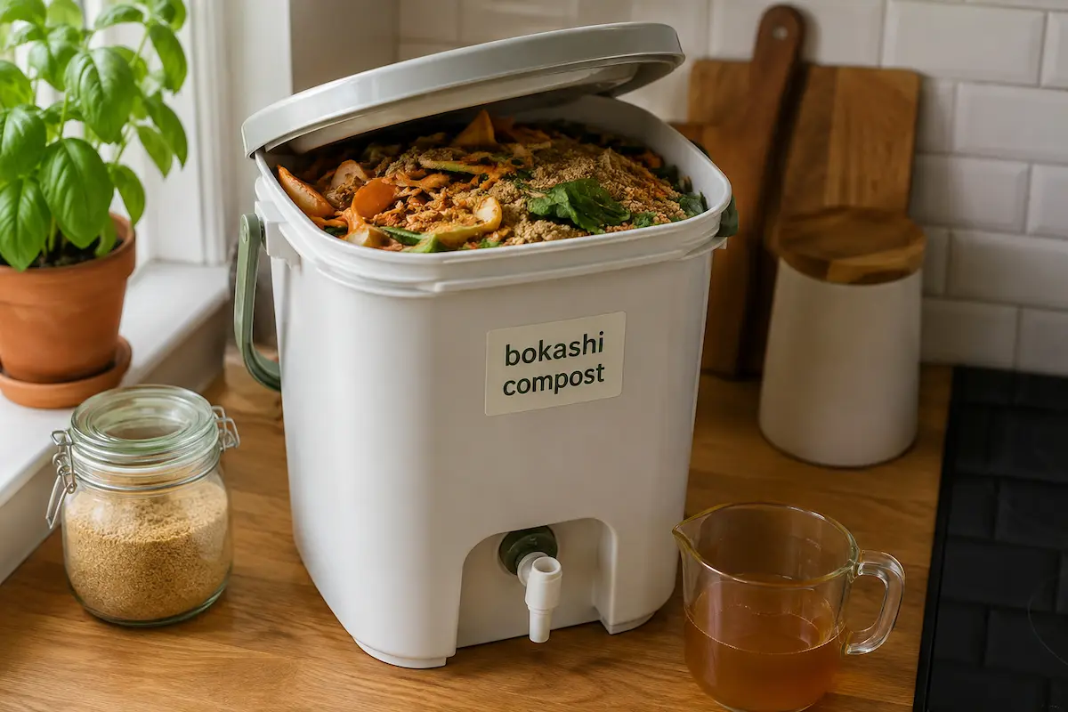 Bokashi composting bucket with spigot on a kitchen counter