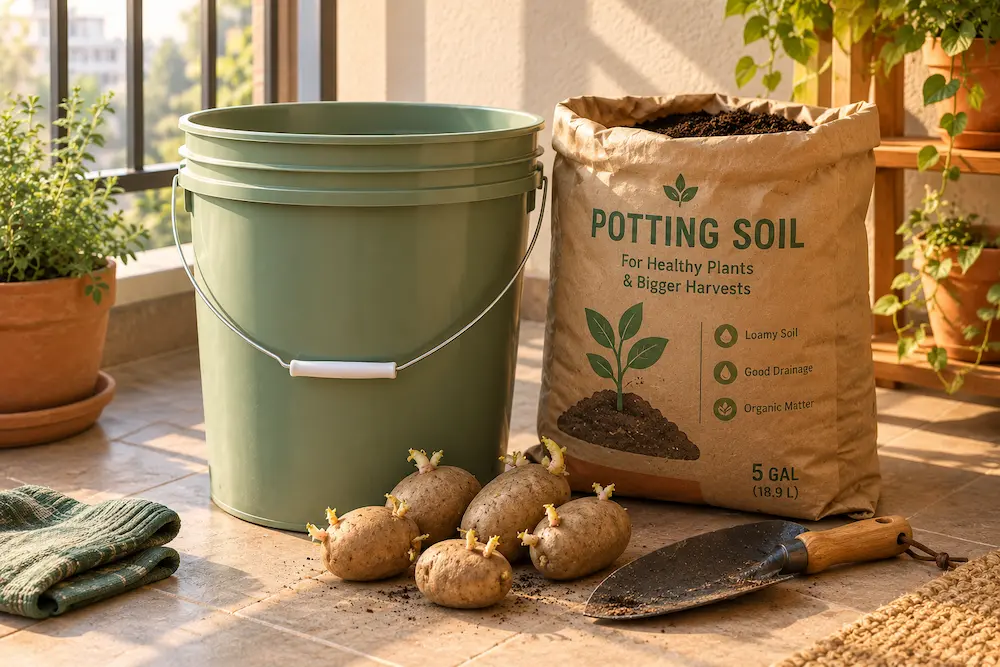 Bucket, soil, and seed potatoes for growing potatoes in a container