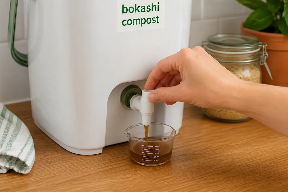 Draining bokashi leachate from a bucket spigot into a measuring cup
