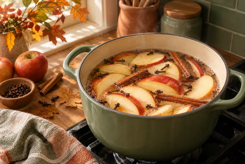 Fall simmer pot recipe with apple slices and cinnamon on a stovetop