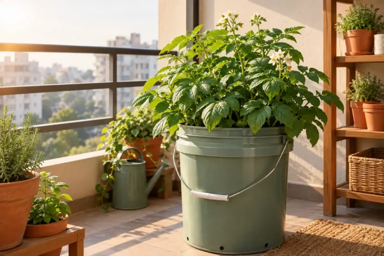 Potato plant growing in a bucket on an apartment balcony