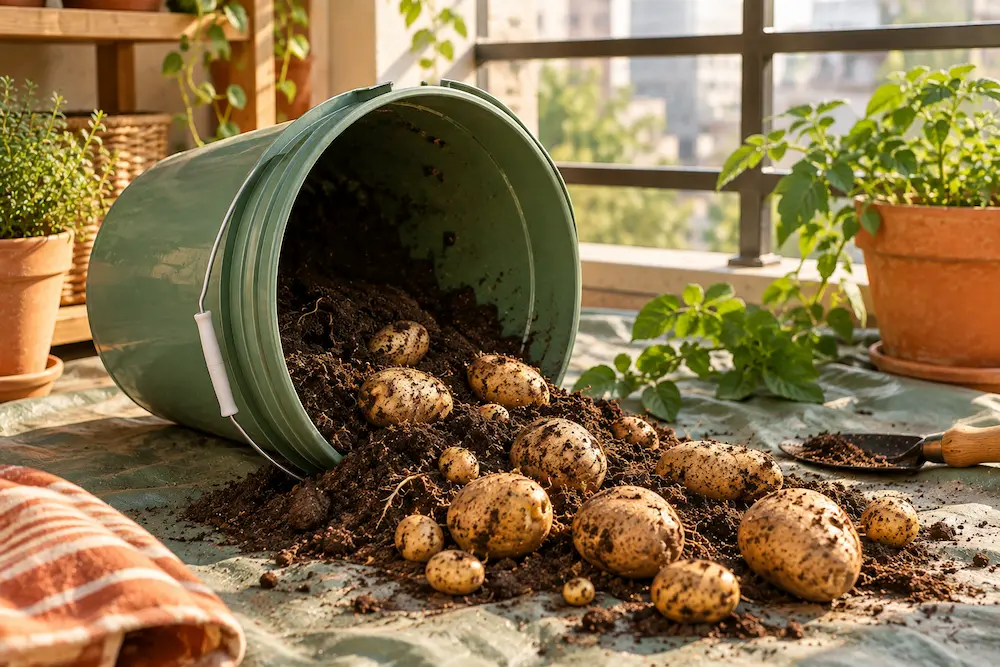Freshly harvested potatoes spilled out from a growing bucket