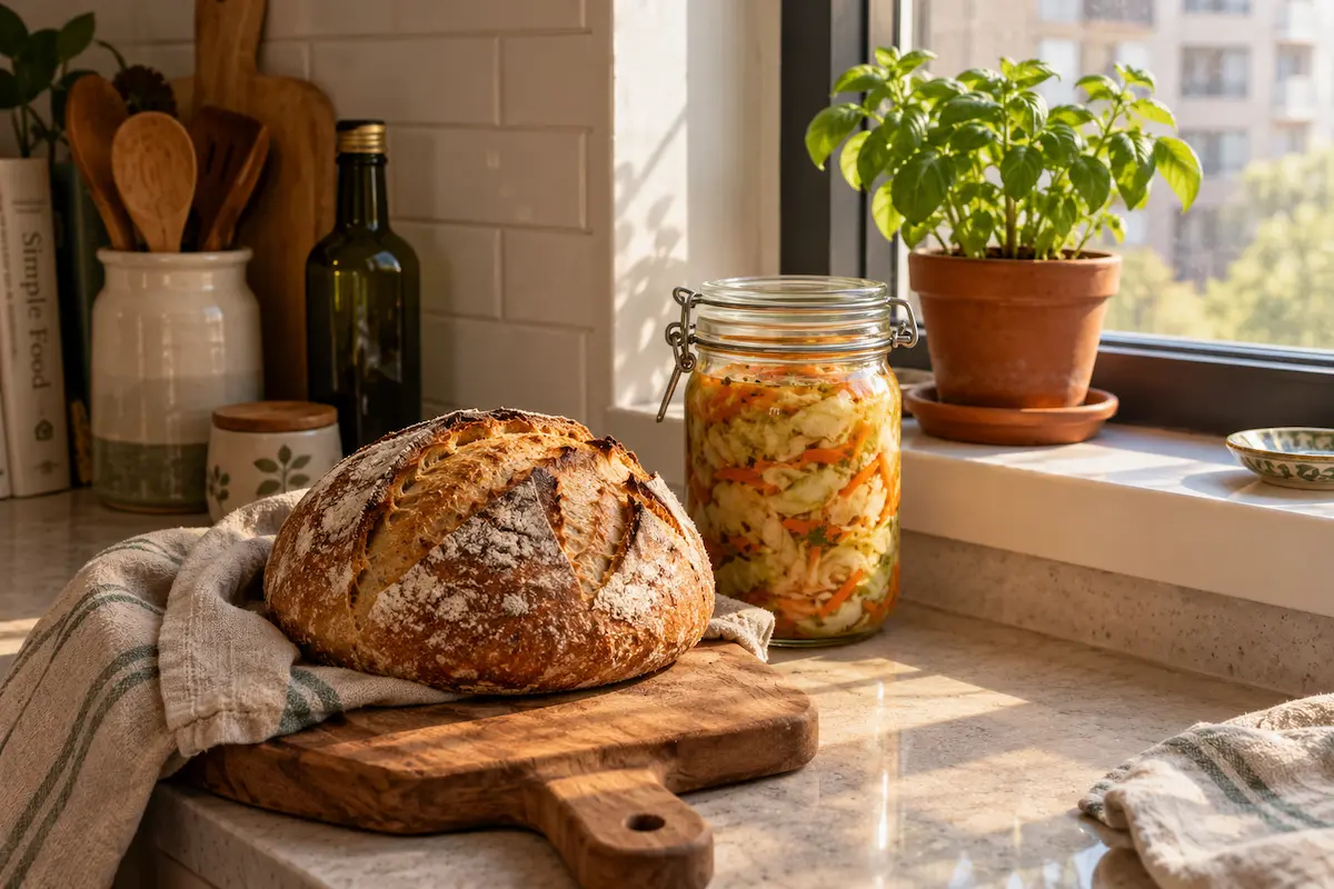 Apartment homesteading setup with sourdough, ferments, and herbs on a kitchen counter