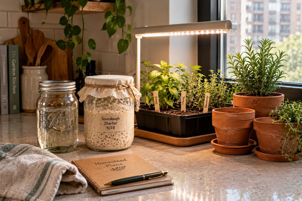 Apartment homesteading supplies including jars, pots, and a grow light
