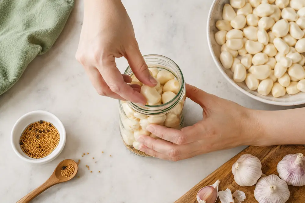 Hands packing peeled garlic cloves into a glass jar with mustard seeds