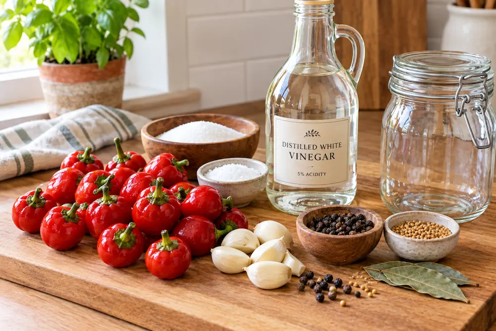 Fresh cherry peppers and pickling ingredients on a cutting board