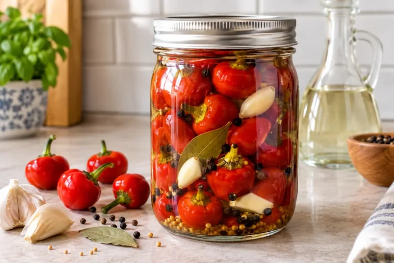 Pickled cherry peppers in a glass jar with garlic and peppercorns