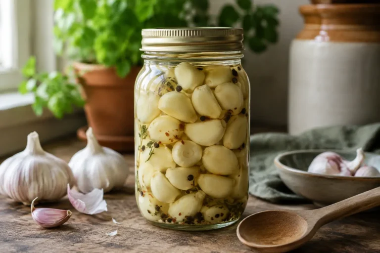 Jar of whole pickled garlic cloves in vinegar brine on a countertop