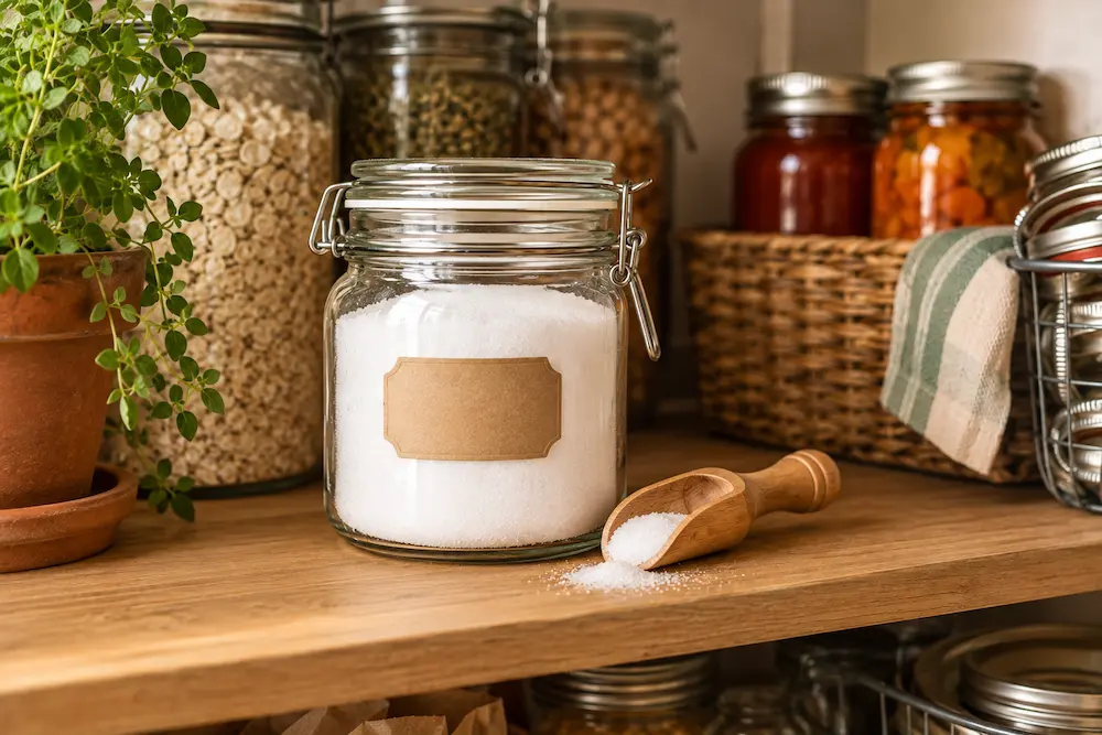 Glass jar of pickling salt with a scoop, stored on a pantry shelf