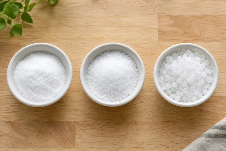 Small bowls of pickling salt, table salt, and kosher salt side by side for comparison