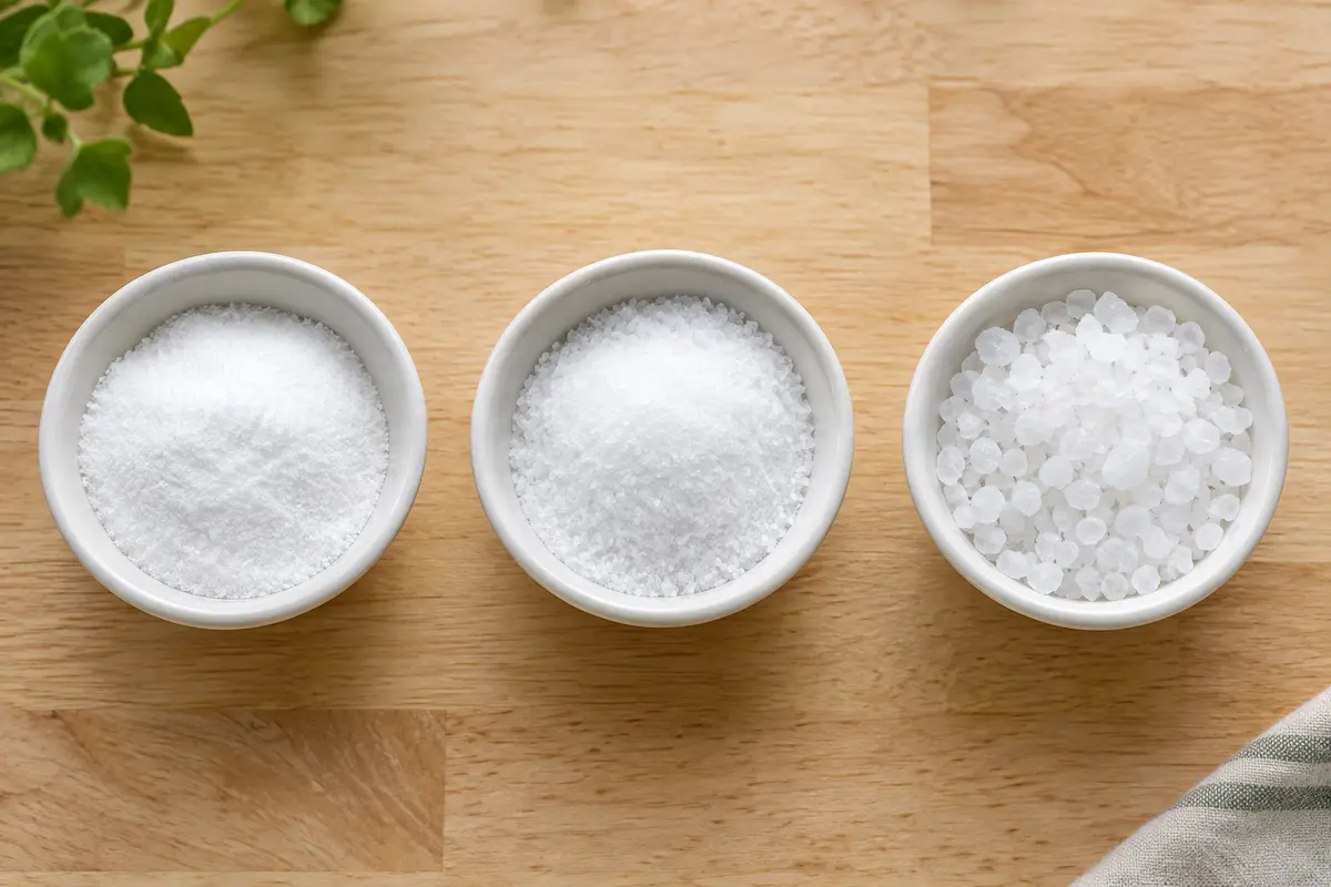 Small bowls of pickling salt, table salt, and kosher salt side by side for comparison