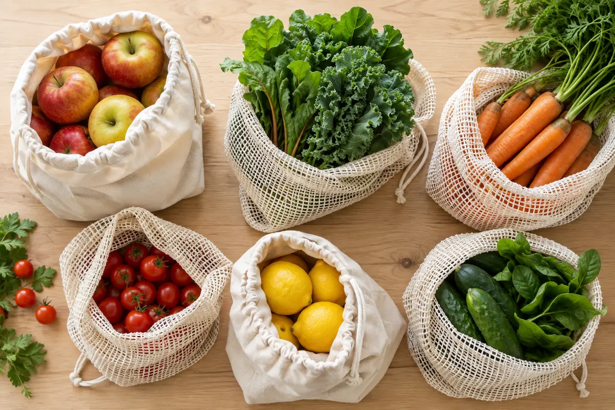 Assorted mesh and cotton reusable produce bags filled with fruits and vegetables on a kitchen counter