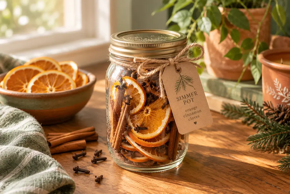 Simmer pot recipe packaged as a gift jar with dried orange and cinnamon