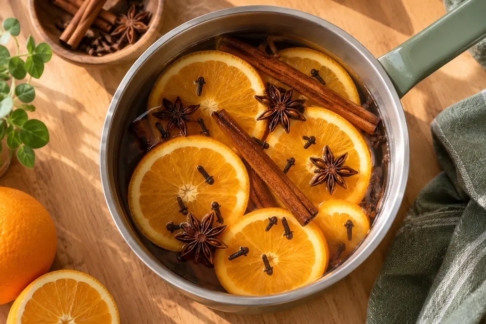 Ingredients for a simmer pot recipe arranged in a saucepan before simmering