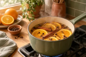 Simmer pot recipe with orange slices and cinnamon sticks steaming on a stovetop