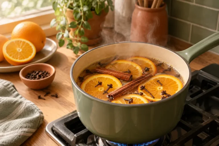 Simmer pot recipe with orange slices and cinnamon sticks steaming on a stovetop