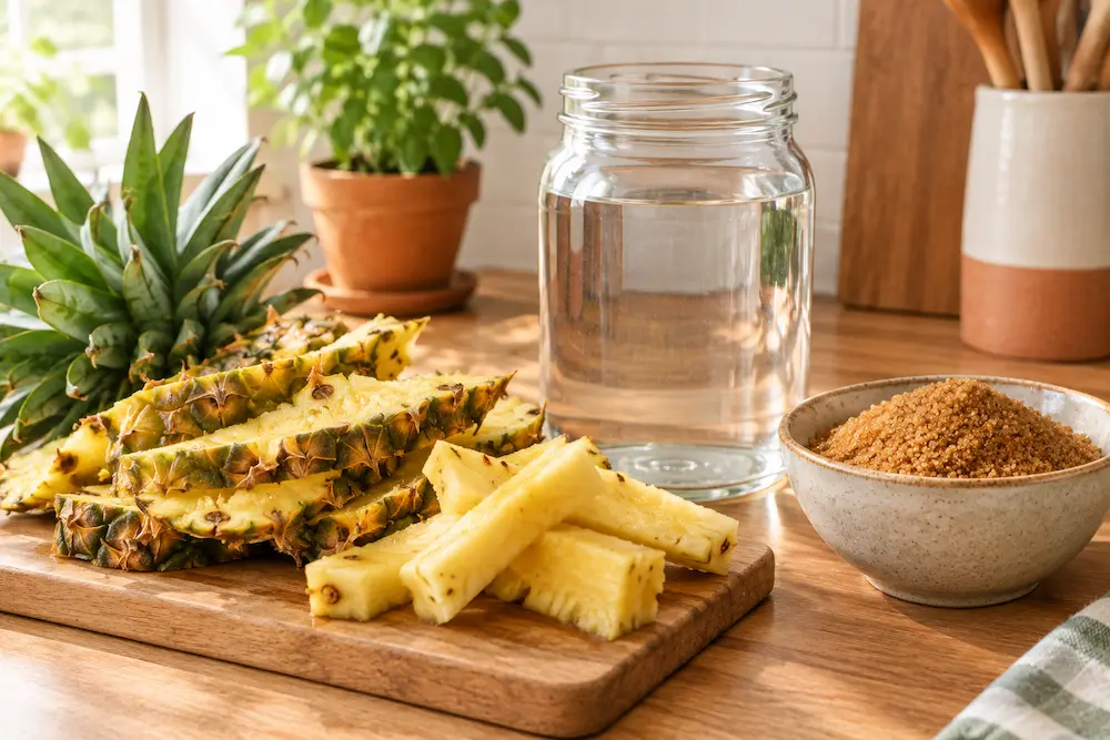 Pineapple rind and sugar ingredients for a tepache recipe