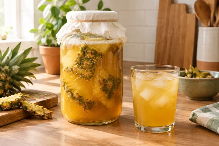 Tepache recipe fermenting in a mason jar with pineapple rind