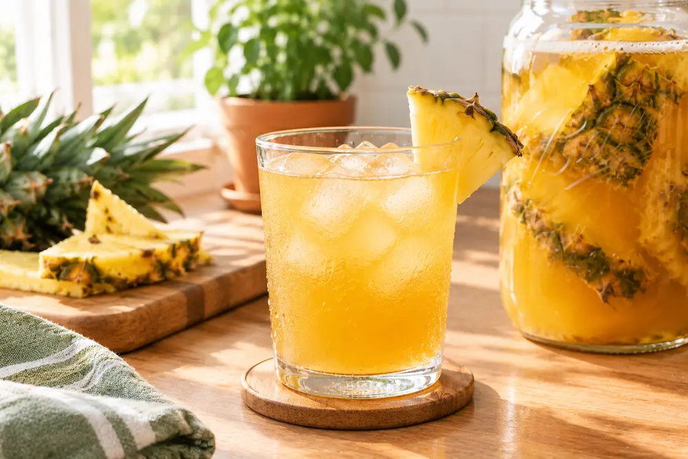 Glass of tepache served over ice with pineapple garnish