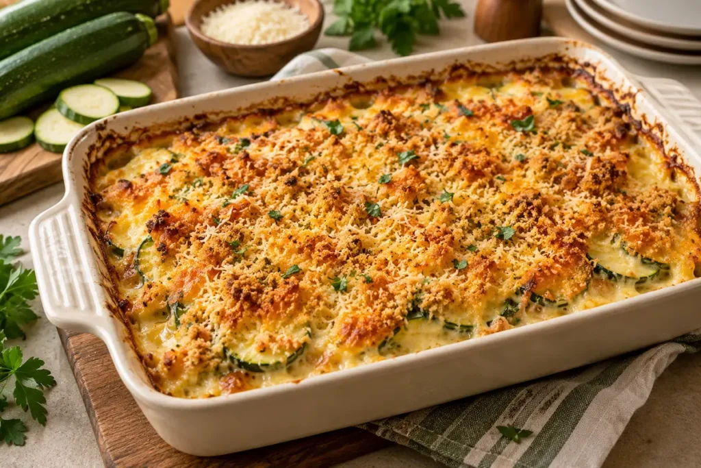 Zucchini casserole with a golden cheese and breadcrumb topping