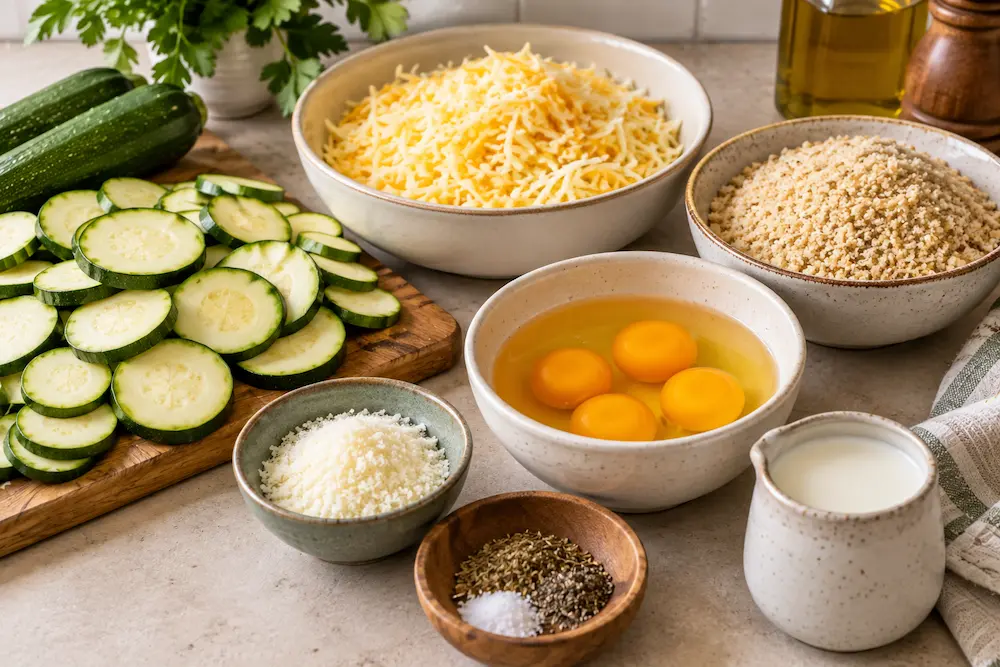 Ingredients for zucchini casserole including sliced zucchini and cheese