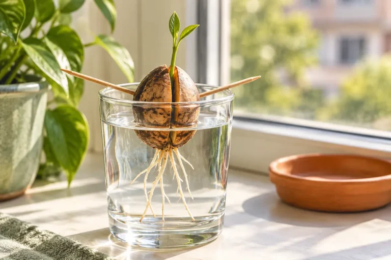 avocado pit suspended over a glass of water with toothpicks, showing white roots and a small sprout, on a sunny windowsill