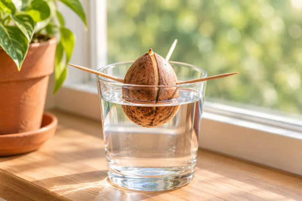 avocado pit held with toothpicks over a glass of water, bottom half submerged