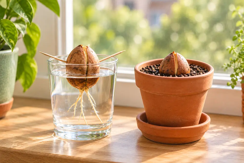 two avocado pits side by side, one sprouting over a glass of water and one planted in a small pot of soil