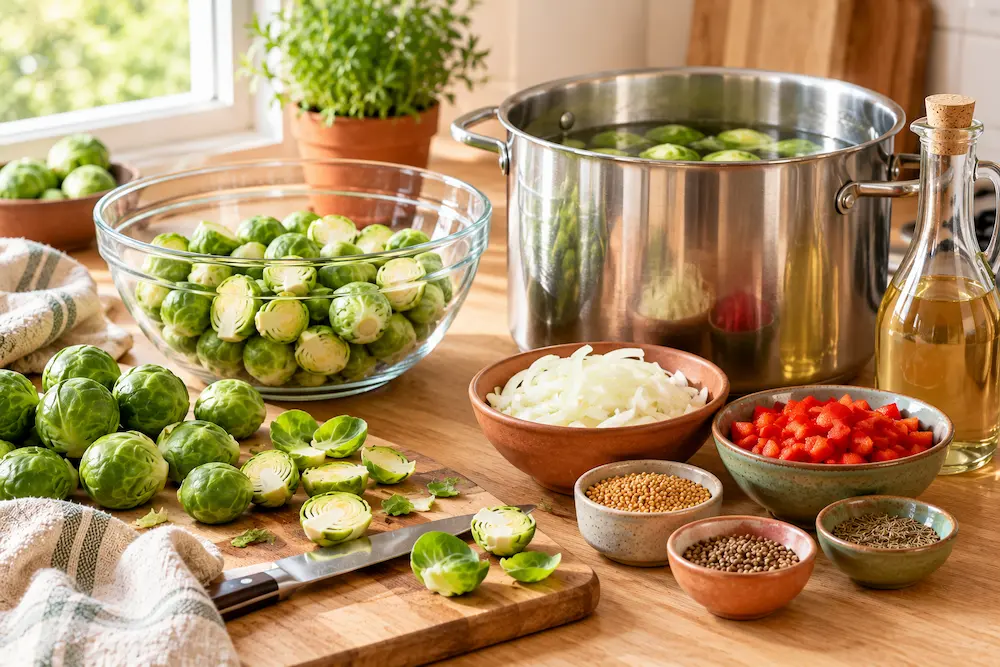 fresh brussel sprouts and pickling ingredients arranged on a kitchen counter
