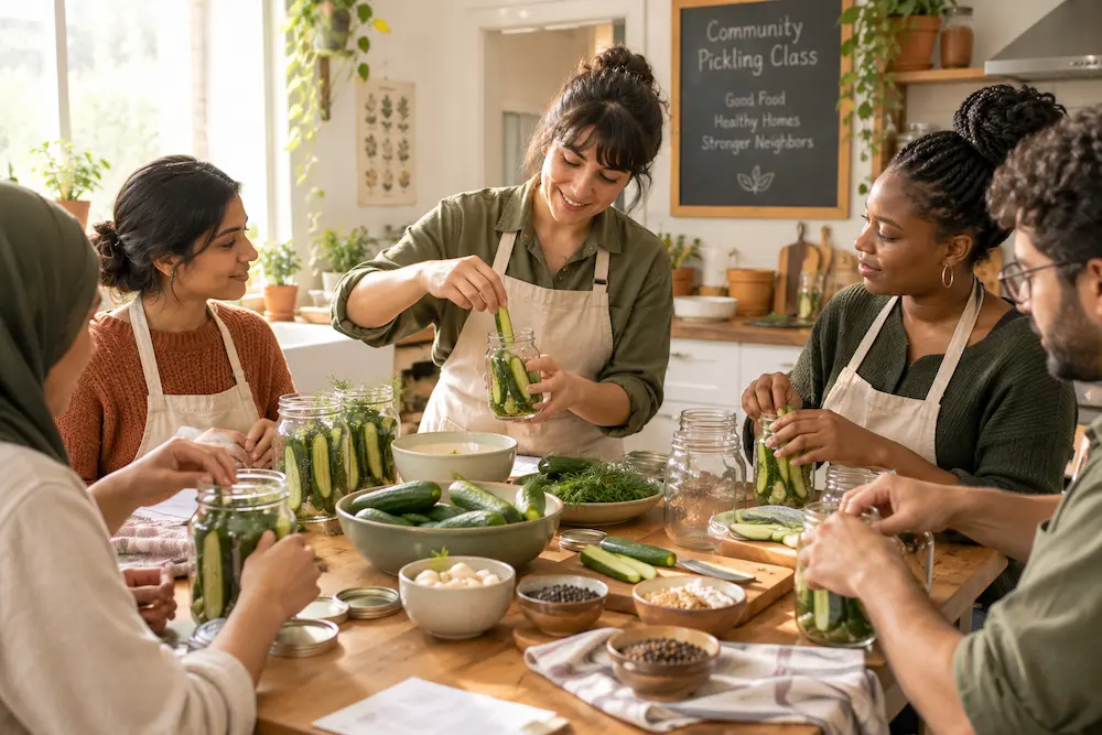 small group of people learning to make pickles around a kitchen table at a community class